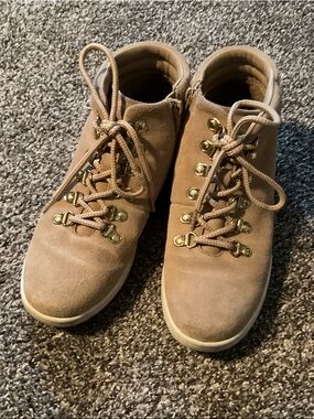 Kensie Tan Suede Lace-Up Ankle Booties with Gold Hardware
